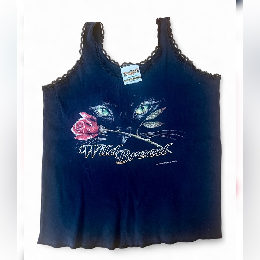 Y2K RAGTOPS Sturgis Black Tank Top with Cat and Rose Design Small/Xs